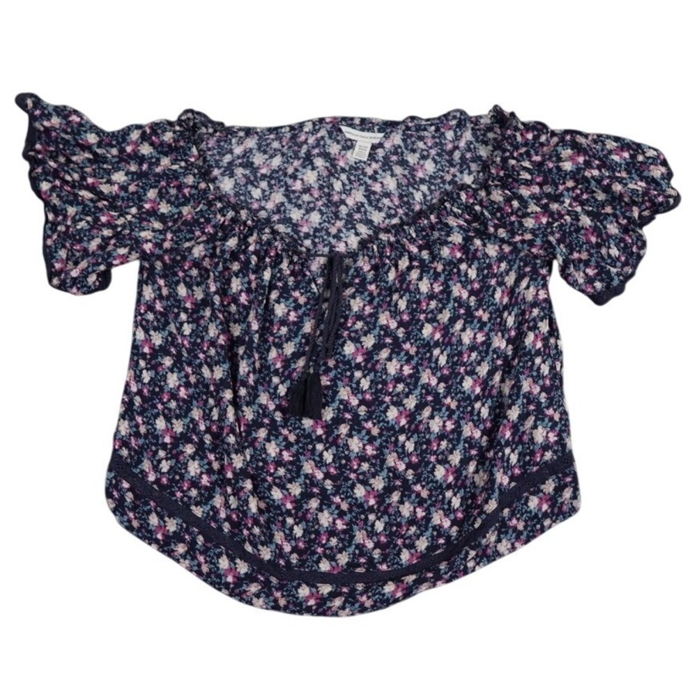 American Eagle Floral Blouse‎ Women XS Navy Blue Boho Tassel Flutter Sleeve
